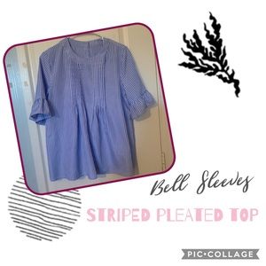 Pleated Front Striped Blue Blouse